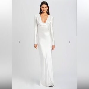 NEW Sans‎ Faff Anna Cowl Evening Elegant White Satin Long Sleeve Dress